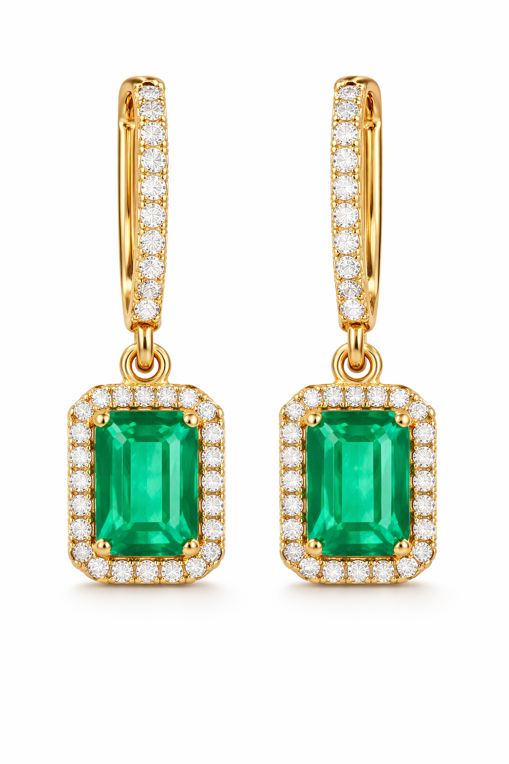 Emerald Cut Halo Drop Earrings