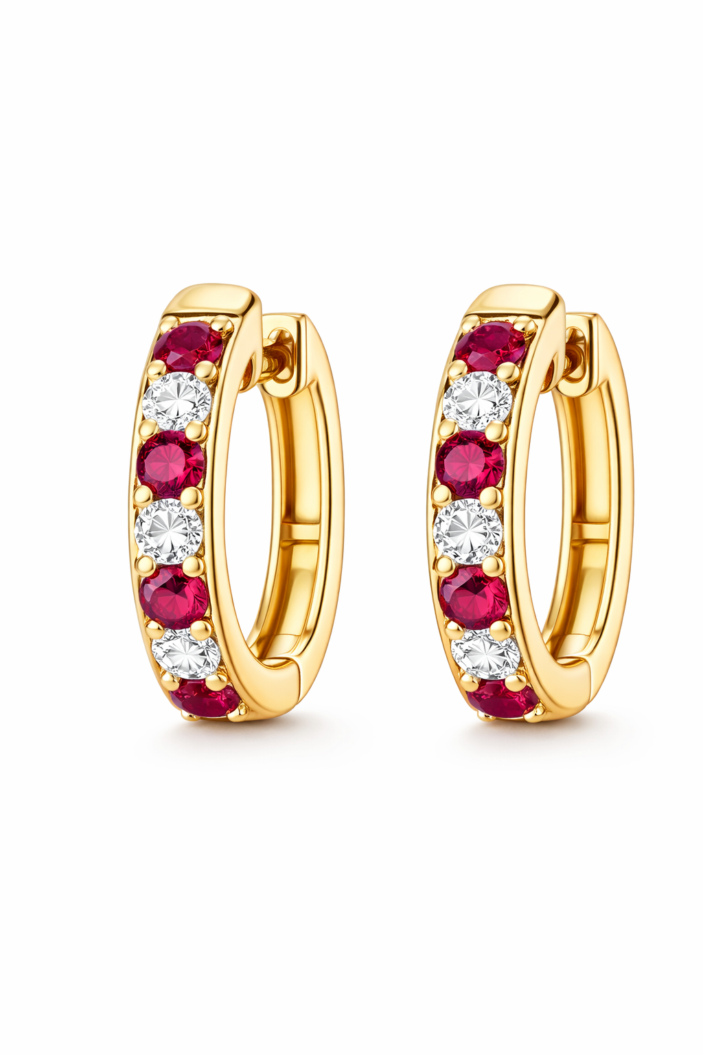 Gold Ruby and Diamond Huggie Earrings